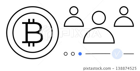 Cryptocurrency, blockchain, user verification, digital economy, financial security, online transactions. Bitcoin symbol alongside user icons and verification elements. Cryptocurrency and user Cryptocurrency, blockchain, user verification, digital economy, financial security, online transactions. Bitcoin symbol alongside user icons and verification elements. Cryptocurrency and user 138874525