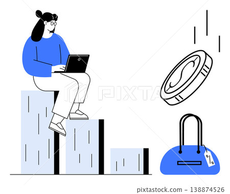 Financial planning, freelancing, income growth, investment, online work, e-commerce. Woman using laptop on stacked charts with coin and bag. Financial planning and freelancing Financial planning, freelancing, income growth, investment, online work, e-commerce. Woman using laptop on stacked charts with coin and bag. Financial planning and freelancing 138874526