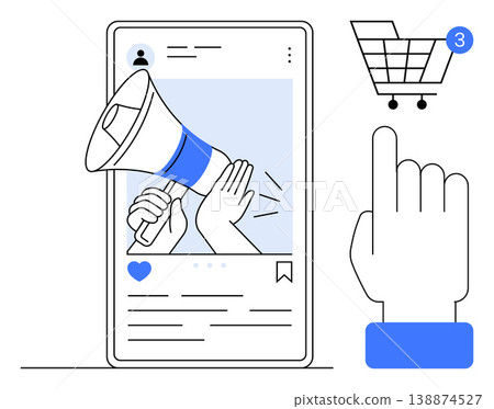 Digital advertising, online shopping, e-commerce, social media marketing, consumer behavior, mobile apps. Smartphone screen with a megaphone and shopping cart icon. Online shopping and marketing Digital advertising, online shopping, e-commerce, social media marketing, consumer behavior, mobile apps. Smartphone screen with a megaphone and shopping cart icon. Online shopping and marketing 138874527