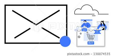 E-commerce, email marketing, cloud technology, digital payment, cashback rewards, online business. Shopping cart, email icon people using online platforms. E-commerce and email marketing concept 138874535