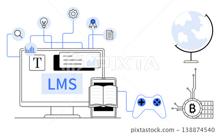 Online learning, cryptocurrency, digital transformation, education technology, e-learning, blockchain. Computer displaying LMS with digital elements thumbs up a globe and Bitcoin icon. Online Online learning, cryptocurrency, digital transformation, education technology, e-learning, blockchain. Computer displaying LMS with digital elements thumbs up a globe and Bitcoin icon. Online 138874540