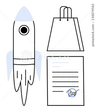 Business development, e-commerce, digital contracts, innovation, entrepreneurship, online services. Rocket, shopping bag and signed document. Business development and e-commerce concept 138874562