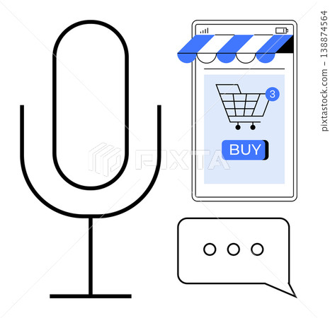 Ecommerce, voice technology, mobile shopping, AI interaction, modern retail, digital convenience. A microphone, smartphone with cart icon and speech bubbles. Ecommerce and voice technology concept Ecommerce, voice technology, mobile shopping, AI interaction, modern retail, digital convenience. A microphone, smartphone with cart icon and speech bubbles. Ecommerce and voice technology concept 138874564