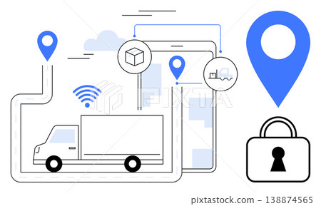 Logistics, data security, GPS navigation, delivery services, smart transport, wireless technology. Truck, GPS pins lock symbol wireless signal smartphone. Logistics and data security concepts 138874565