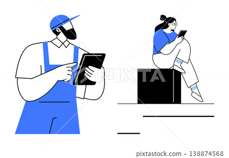 Business, teamwork, technology, remote work, digital tools, professional interaction. A man wearing overalls and a cap using a tablet, while a woman sits on a box viewing hers. Business and teamwork Business, teamwork, technology, remote work, digital tools, professional interaction. A man wearing overalls and a cap using a tablet, while a woman sits on a box viewing hers. Business and teamwork 138874568