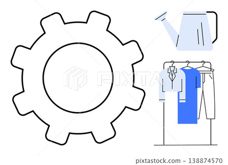 Product development, manufacturing, sustainability, gardening, clothing design, minimalism. Gear icon next to clothes on a rack and a watering can. Product development and sustainability concept 138874570