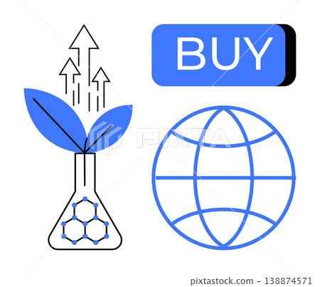 Environmental sustainability, biotech innovation, global trade, e-commerce, green economy, technology trends. Plant in a flask, globe buy button. Sustainability and biotech innovation concept Environmental sustainability, biotech innovation, global trade, e-commerce, green economy, technology trends. Plant in a flask, globe buy button. Sustainability and biotech innovation concept 138874571