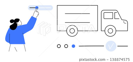 Delivery services, logistics systems, transportation control, shipping management, online ordering, customization. Person adjusting slider near truck icon. Delivery services and logistics systems 138874575