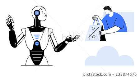 Artificial intelligence, e-commerce, technology, automation, digital marketing, online shopping. A robot and a person holding shopping bags. Artificial intelligence and e-commerce concept Artificial intelligence, e-commerce, technology, automation, digital marketing, online shopping. A robot and a person holding shopping bags. Artificial intelligence and e-commerce concept 138874576