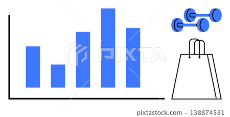 Business growth, sales performance, fitness trends, retail analysis, economic data, consumer behavior. Blue bar chart, dumbbells and shopping bag. Business growth and sales performance concept Business growth, sales performance, fitness trends, retail analysis, economic data, consumer behavior. Blue bar chart, dumbbells and shopping bag. Business growth and sales performance concept 138874581