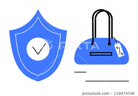 E-commerce, fraud prevention, brand authenticity, online shopping, anti-counterfeiting, secure transactions. Blue shield with checkmark and handbag with tag. E-commerce and fraud prevention concept 138874586