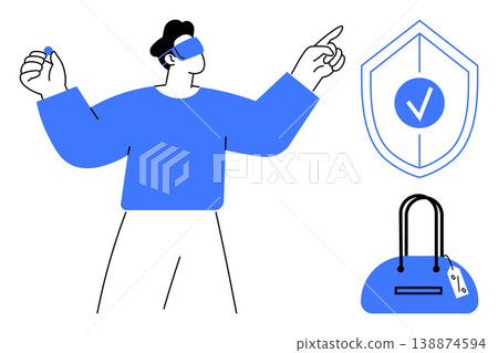 Virtual reality, data protection, e-commerce, digital payments, online authentication, consumer tech. A person in VR gear pointing with shield and purse visuals. Virtual reality and data protection Virtual reality, data protection, e-commerce, digital payments, online authentication, consumer tech. A person in VR gear pointing with shield and purse visuals. Virtual reality and data protection 138874594
