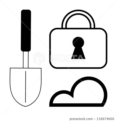 Security, gardening, technology, data storage, privacy, natural resources. A lock, trowel and cloud in black-and-white design. Security and gardening concepts portrayed through simple iconic shapes Security, gardening, technology, data storage, privacy, natural resources. A lock, trowel and cloud in black-and-white design. Security and gardening concepts portrayed through simple iconic shapes 138874600