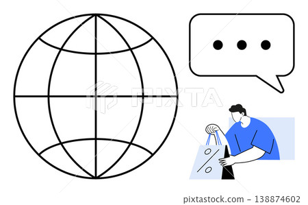 Online shopping, e-commerce, global communication, digital transactions, consumer behavior, global marketplaces. Globe symbol, shopper carrying a bag speech bubble. E-commerce and global 138874602