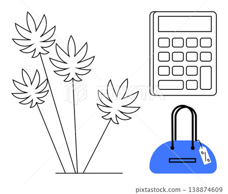 Budget management, shopping, retail sales, financial planning, discounts, eco-friendly . Minimalist design with a calculator, blue bag and abstract plants. Budget management and shopping concepts Budget management, shopping, retail sales, financial planning, discounts, eco-friendly . Minimalist design with a calculator, blue bag and abstract plants. Budget management and shopping concepts 138874609