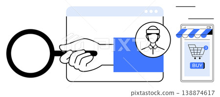 E-commerce, online identity, cybersecurity, user verification, mobile shopping, authentication process. Magnifying glass over user profile, online shopping cart. E-commerce and online identity 138874617