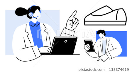 Telemedicine, remote communication, online health services, doctor consultation, virtual assistance, digital healthcare. Medical professionals using a laptop and tablet with a shoe outline 138874619