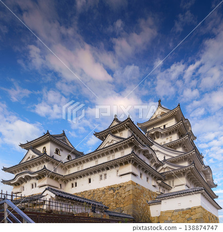 Himeji, Japan - Sep 24 2024, panoramic view of Himeji Castle, White Heron Castle from below, at daytime with blue sky and clouds, without people, Himeji, Japan 138874747
