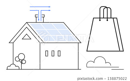 Renewable energy, eco-shopping, green solutions, clean power, sustainability, modern design. House with solar panels, shopping bag minimal lines. Renewable energy and eco-shopping concepts Renewable energy, eco-shopping, green solutions, clean power, sustainability, modern design. House with solar panels, shopping bag minimal lines. Renewable energy and eco-shopping concepts 138875022