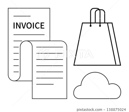 E-commerce, payment processing, billing systems, cloud storage, digital receipts, retail shopping. Line art of a shopping bag, invoice document and cloud symbol. E-commerce and payment processing E-commerce, payment processing, billing systems, cloud storage, digital receipts, retail shopping. Line art of a shopping bag, invoice document and cloud symbol. E-commerce and payment processing 138875024