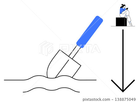 Progress, technology, manual work, productivity, focus, construction process. A shovel digging into the ground, an arrow pointing down and a woman sitting on a cube using a device. Progress 138875049