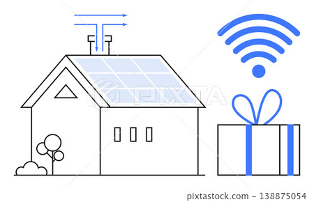Sustainable energy, smart home tech, eco-friendly living, IoT devices, renewable resources, connected home. House with solar panels, wireless icon and gift box. Sustainable energy and smart home 138875054