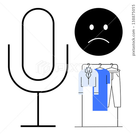 Communication, emotional expression, fashion choices, consumerism effects, lifestyle analysis, vocal . A microphone, a sad face and hanging clothes. Communication and emotional expression concepts 138875055