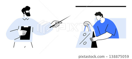 E-commerce, marketing strategy, online shopping, retail sales, business growth, discounts. A professional presenting data and a customer receiving a discount shopping bag. E-commerce and marketing 138875059