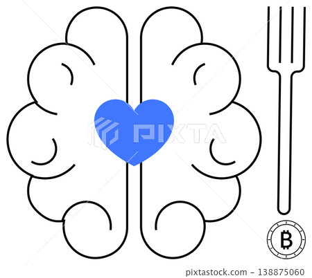 Emotional intelligence, blockchain, cryptocurrency, digital finance, mind and heart balance, mental health. Brain outline with a blue heart, Bitcoin logo and fork icon. Emotional intelligence Emotional intelligence, blockchain, cryptocurrency, digital finance, mind and heart balance, mental health. Brain outline with a blue heart, Bitcoin logo and fork icon. Emotional intelligence 138875060