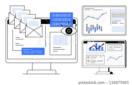 Email marketing, data visualization, cybersecurity, business analytics, digital tracking, information management. Screens displaying emails, binary code and analytics charts. Email marketing Email marketing, data visualization, cybersecurity, business analytics, digital tracking, information management. Screens displaying emails, binary code and analytics charts. Email marketing 138875065