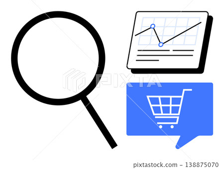 Analytics, business growth, e-commerce, online shopping, market trends, digital sales. Magnifying glass, data chart and shopping cart icon. Analytics and e-commerce visual concept Analytics, business growth, e-commerce, online shopping, market trends, digital sales. Magnifying glass, data chart and shopping cart icon. Analytics and e-commerce visual concept 138875070