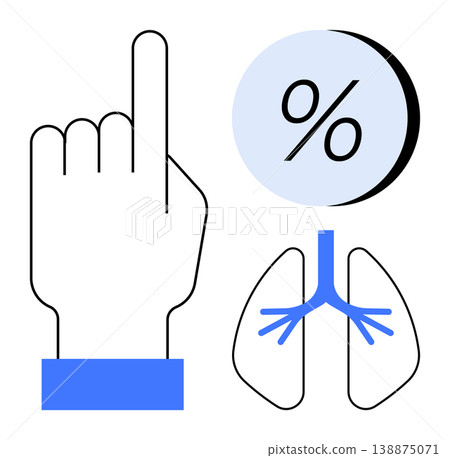Healthcare, respiratory health, medical analysis, diagnostics, treatment, statistics. Graphic of a hand, lungs and percentage symbol. of respiratory health and medical analysis concepts Healthcare, respiratory health, medical analysis, diagnostics, treatment, statistics. Graphic of a hand, lungs and percentage symbol. of respiratory health and medical analysis concepts 138875071