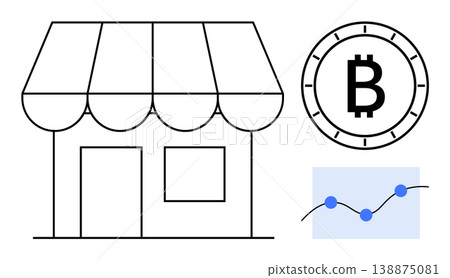 E-commerce, digital currency, retail technology, blockchain, financial data, market trends. A store, Bitcoin symbol and a financial graph. E-commerce and digital currency visualization E-commerce, digital currency, retail technology, blockchain, financial data, market trends. A store, Bitcoin symbol and a financial graph. E-commerce and digital currency visualization 138875081
