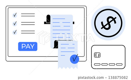Online payments, e-commerce, digital finances, bill settlement, electronic transactions, online shopping. Shows a screen with a bill, pay button dollar icon and credit card. Online payments 138875082