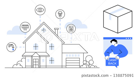 Smart home automation, online shopping, e-commerce, cashback rewards, delivery service, energy efficiency. Smart home system with icons, delivery package and cashback page. Smart home and online 138875091