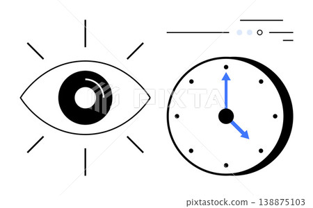 Time management, vision, planning strategies, deadlines, productivity, observation. Minimalistic illustration of an eye and clock. Vision and time management as impactful concepts Time management, vision, planning strategies, deadlines, productivity, observation. Minimalistic illustration of an eye and clock. Vision and time management as impactful concepts 138875103