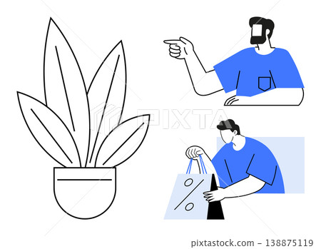 Nature, retail, eco lifestyle, discount shopping, communication, customer behavior. A potted plant, a person holding shopping bags and a man gesturing. Nature and retail concepts visually 138875119
