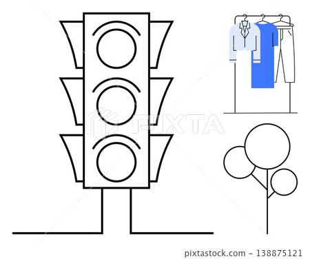 Urban planning, sustainability, minimalism, environment design, fashion concepts, and public spaces. Traffic light, clothing rack and trees drawn in clean line art. Urban planning and sustainability Urban planning, sustainability, minimalism, environment design, fashion concepts, and public spaces. Traffic light, clothing rack and trees drawn in clean line art. Urban planning and sustainability 138875121
