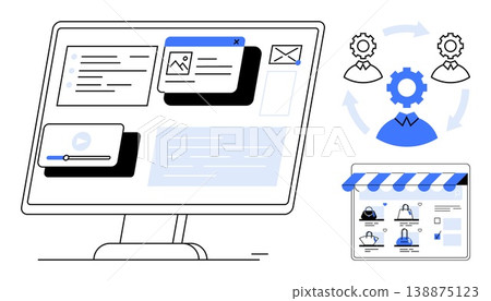 Digital marketing, workflow management, e-commerce, team collaboration, UX design, productivity tools. Computer monitor, user interface gear icon and storefront graphic. Digital marketing 138875123