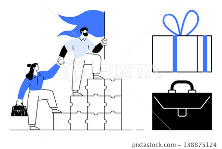 Collaboration, leadership, goal achievement, business solutions, motivation, career success. Two people climbing puzzle blocks holding a flag, gift box and briefcase. Teamwork and leadership Collaboration, leadership, goal achievement, business solutions, motivation, career success. Two people climbing puzzle blocks holding a flag, gift box and briefcase. Teamwork and leadership 138875124