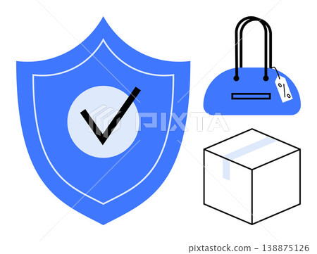 Online shopping, retail protection, secure delivery, anti-counterfeit, authenticity, shipment tracking. Blue shield with check, handbag with tag and box icon. E-commerce and retail protection Online shopping, retail protection, secure delivery, anti-counterfeit, authenticity, shipment tracking. Blue shield with check, handbag with tag and box icon. E-commerce and retail protection 138875126