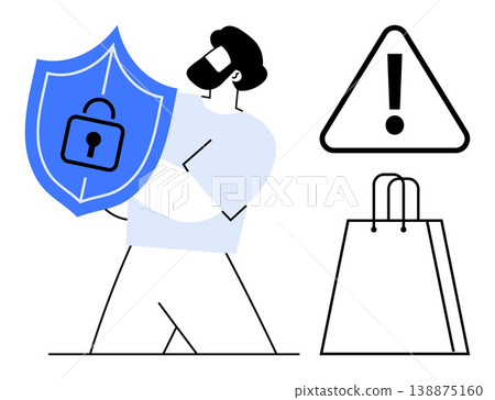 Data security, online threats, digital privacy, e-commerce safety, personal protection, caution symbols. Person holding a shield with a lock, warning sign shopping bag. Data security and online 138875160
