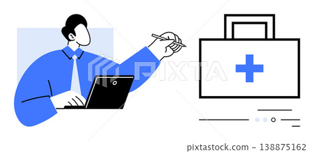Medical technology, healthcare services, telemedicine, business operations, work productivity, online tools. Person with laptop pointing to medical kit icon. Medical technology and healthcare Medical technology, healthcare services, telemedicine, business operations, work productivity, online tools. Person with laptop pointing to medical kit icon. Medical technology and healthcare 138875162
