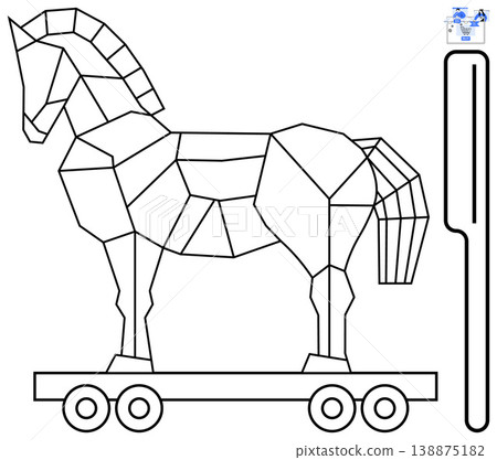 Cybersecurity, malware awareness, online threats, digital protection, hacking, mythological strategy. Geometric Trojan horse on wheels. Cybersecurity and malware awareness conceptual design 138875182