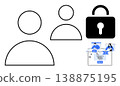 Online security, digital shopping, identity management, data protection, user profiles, cloud security. Image shows user icons, a secure lock and a shopping cart illustration. Online security 138875195