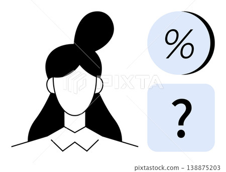 Decision-making, mathematics, analysis, gender , problem-solving, data evaluation. Abstract female face with percentage and question mark icons. Decision-making and mathematics concepts Decision-making, mathematics, analysis, gender , problem-solving, data evaluation. Abstract female face with percentage and question mark icons. Decision-making and mathematics concepts 138875203