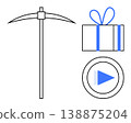 Gaming design, digital rewards, gifts, mining, exploration tools, user interaction. Graphic of a pickaxe, a gift box and a play button icon. Gaming and digital rewards concept 138875204