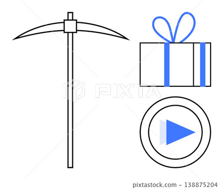 Gaming design, digital rewards, gifts, mining, exploration tools, user interaction. Graphic of a pickaxe, a gift box and a play button icon. Gaming and digital rewards concept Gaming design, digital rewards, gifts, mining, exploration tools, user interaction. Graphic of a pickaxe, a gift box and a play button icon. Gaming and digital rewards concept 138875204