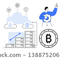 Blockchain, cryptocurrency, cloud computing, data storage, fintech, digital security. Visuals include cloud icons, servers Bitcoin symbol and a person holding a gear. Blockchain and cryptocurrency 138875206