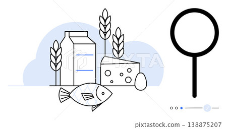 Nutrition, food analysis, healthy eating, ingredient tracking, dietary planning, nutritional studies. Dairy carton, cheese fish wheat magnifying glass. Nutrition and food analysis concept Nutrition, food analysis, healthy eating, ingredient tracking, dietary planning, nutritional studies. Dairy carton, cheese fish wheat magnifying glass. Nutrition and food analysis concept 138875207